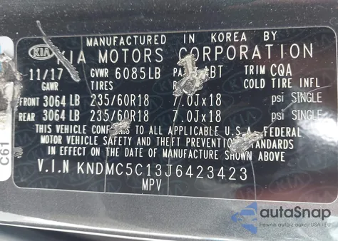 2018 Kia Sedona Sx z USA, uszkodzony, nr VIN KNDMC5C13J6423423